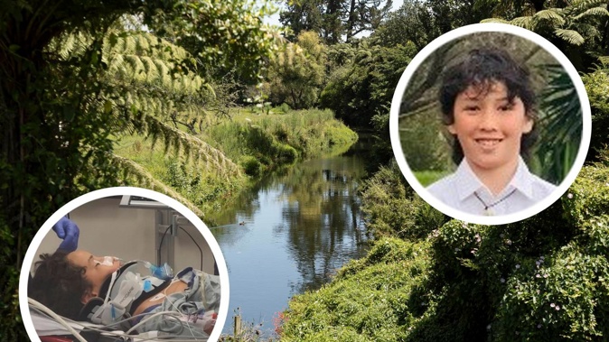 Te Mero Elder, 12, was swimming at Waimapu Stream in Oropi when he dived off a bank and broke his neck. Photos / Alex Cairns, Supplied