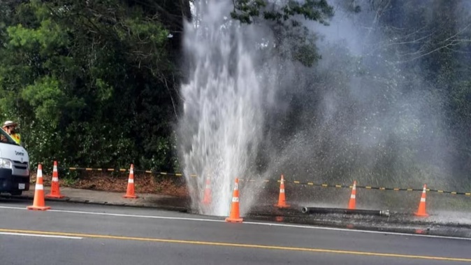 Three major North Shore suburbs are struggling for water tonight after a water main burst. Photo / Facebook