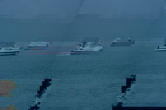 Valentine (right) making a misty arrival in Wellington, passing the Aratere as it heads out on the Cook Strait run. (Photo / Supplied)