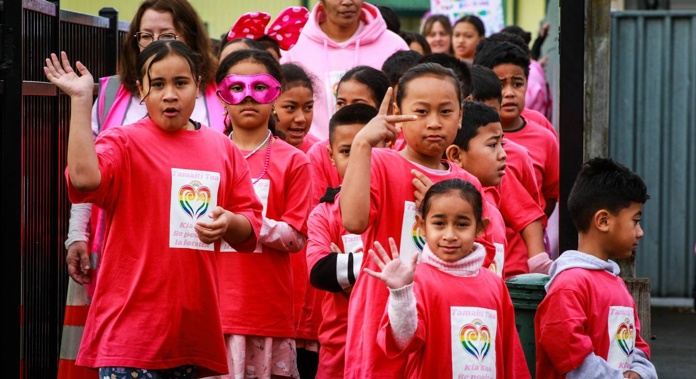 Pupils at Flaxmere Primary School walked around the block showing off their new shirts for Pink Shirt Day. Photo / Paul Taylor