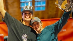 Siblings Zack Mutton, the new extreme kayaking men's world champ, and River Mutton, the women's vice world champ, with their crowns in Italy. Photo / DRD4 ASV