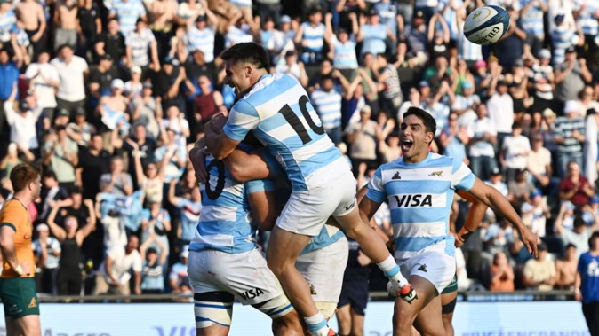 Joaquín Oviedo of Argentina celebrates after scoring against Australia. Photo / Getty Images