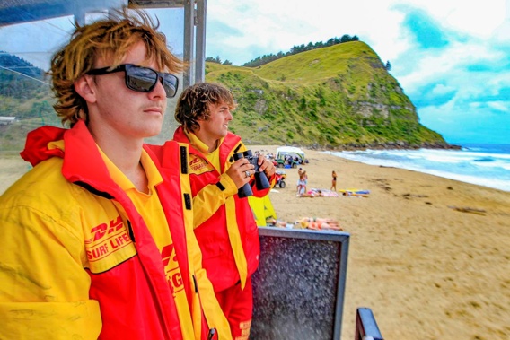 Lifeguards Zach (left) and Jonty Ebbett-Watt patrol Waipātiki beach in January 2023. Photo / Warren Buckland