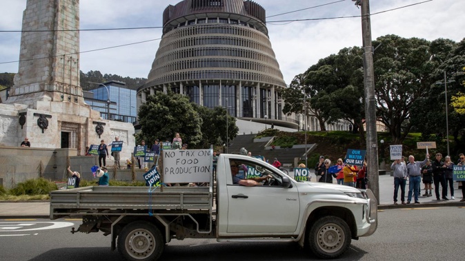 Farmers' utes during the Groundswell protest against emissions tax at Parliament in Wellington. Photo / Mark Mitchell