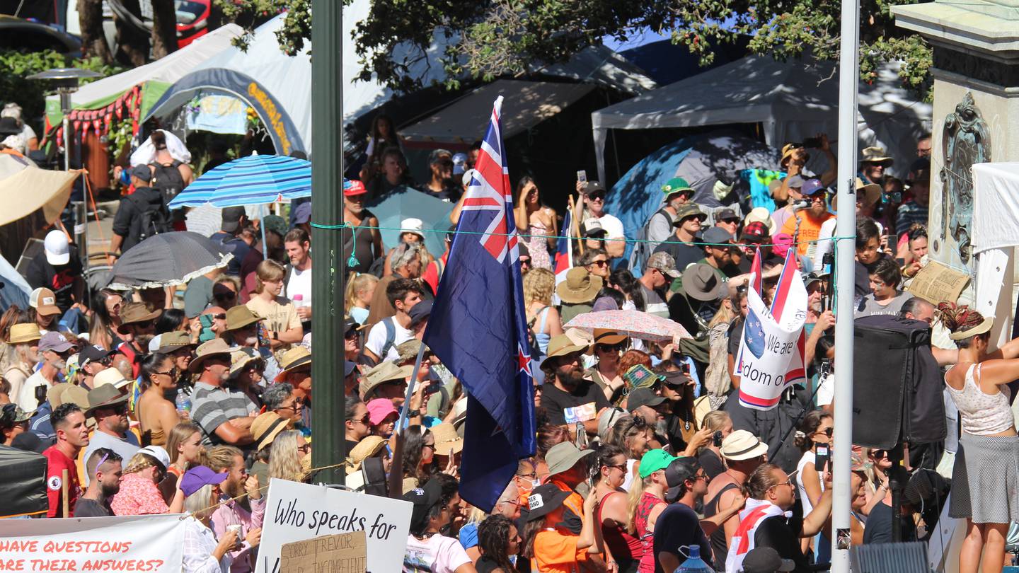 Anti-mandate protesters are appearing at Wellington District Court today. (Photo / Mark Mitchell)