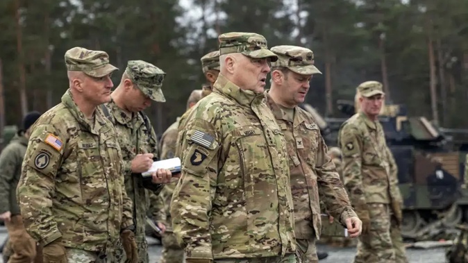 In this image provided by the U.S. Army, U.S. Chairman of the Joint Chiefs of Staff Gen. Mark Milley meets with U.S. Army leaders responsible for the collective training of Ukrainians at Grafenwoehr Training Area, Grafenwoehr, Germany. Photo / AP