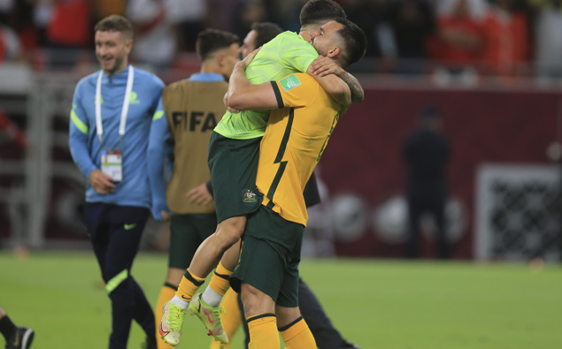Australian players celebrate after winning in a penalty shoot-out during the World Cup 2022 qualifying play-off football match between Australia and Peru in Al Rayyan, Qatar,. Photo / AP