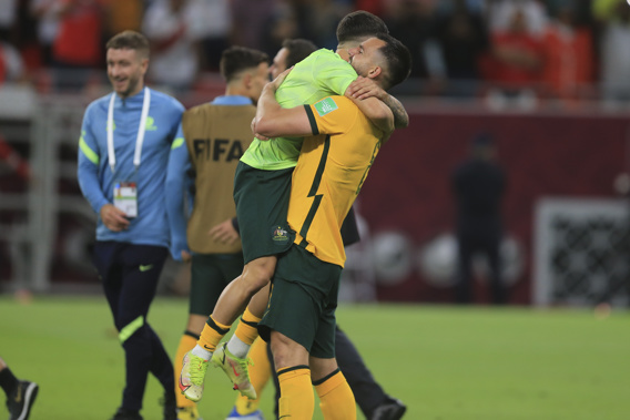 Australian players celebrate after winning in a penalty shoot-out during the World Cup 2022 qualifying play-off football match between Australia and Peru in Al Rayyan, Qatar,. Photo / AP