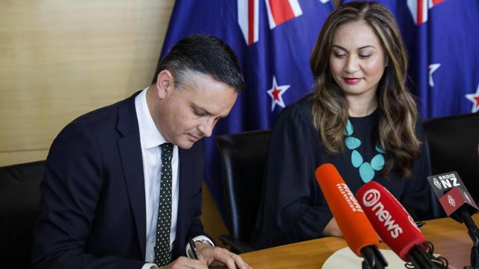 Green Party co-leaders James Shaw and Marama Davidson sign the Government co-operation agreement in 2020. Photo / RNZ, Nate McKinnon