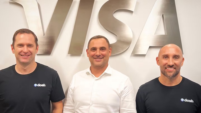 Dosh co-founders Shane Marsh and James McEniery with Anthony Watson, Visa's country manager for New Zealand and South Pacific.