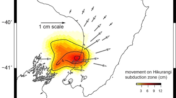 This model shows the amount of movement on the Hikurangi Subduction Zone since mid-September this year, in centimetres. The arrows show displacement of GeoNet continuous GPS sites used to detect the slow-motion earthquake. (Image / GeoNet)