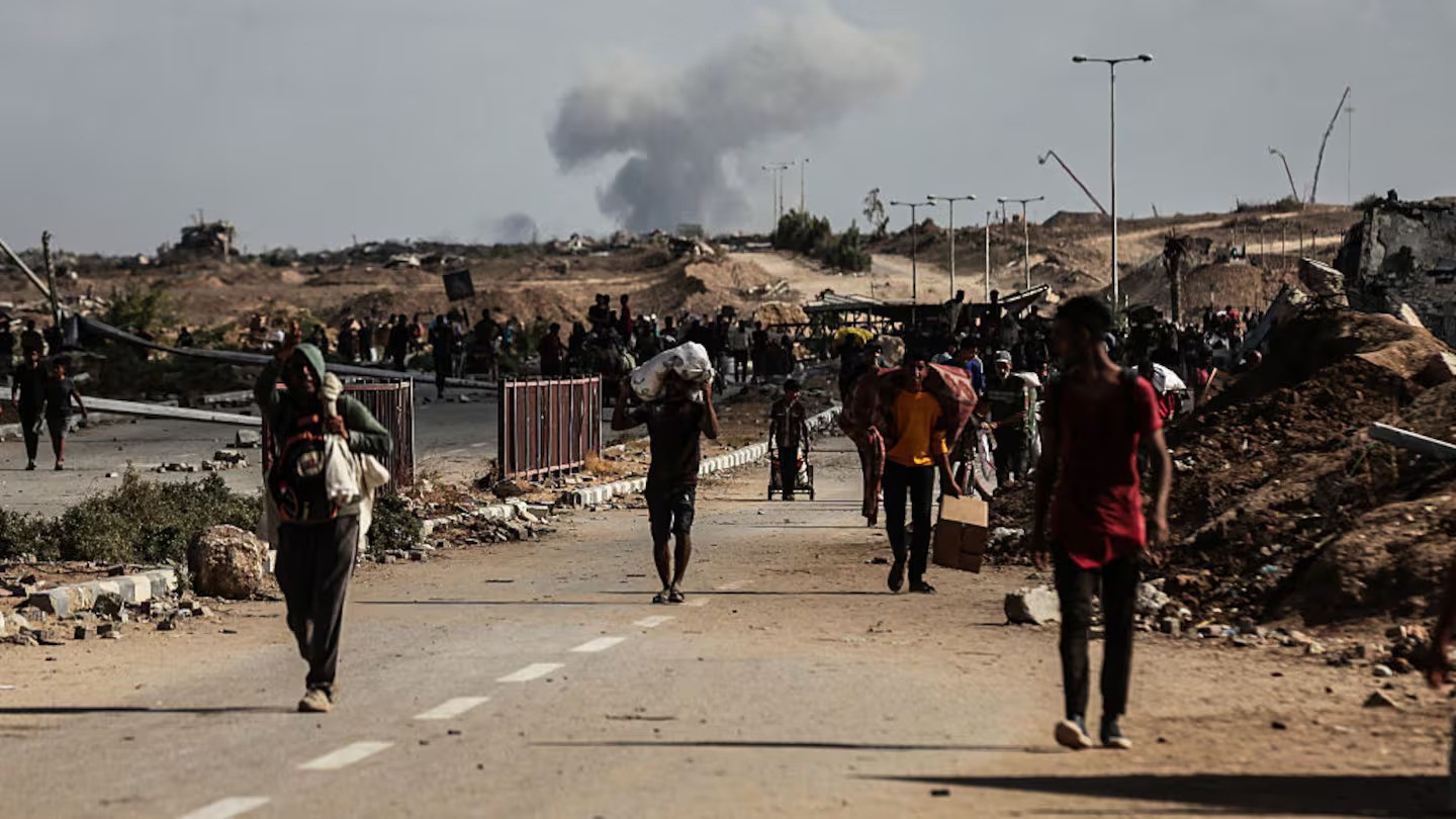 Smoke rises from Gaza City, seen from Deir al-Balah, following intense Israeli military attacks on October 5. The peace deal will allow for hundreds of aid trucks to enter the Gaza Strip. Photo / Getty Images