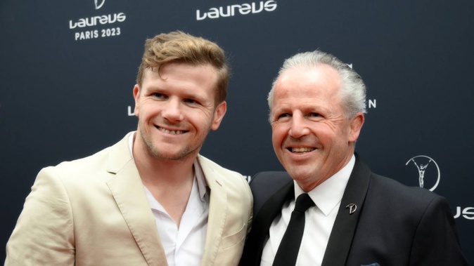 Cameron Leslie with Laureus Academy chairman and former All Black captain Sean Fitzpatrick on the red carpet at the 2023 Laureus World Sport Awards at Cour Vendome in Paris. Photo / Getty Images