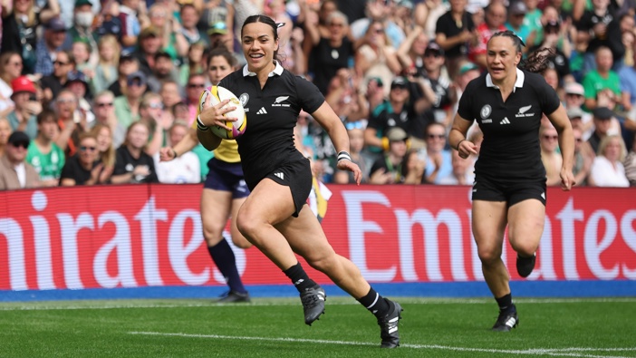 New Zealand's Stacey Waaka runs through to score a try in the first half during the Women's Rugby World Cup 2025 Pool C match between New Zealand and Ireland at Brighton & Hove Albion Stadium on September 7, 2025 in Brighton, England. (Photo by Rob Newell - CameraSport via Getty Images)