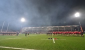 Teams line up for the national anthem ahead of the Super Rugby Pacific Grand Final match between Crusaders and Chiefs at Apollo Projects Stadium on June 21, 2025 in Christchurch, New Zealand. (Photo by Kai Schwoerer/Getty Images)