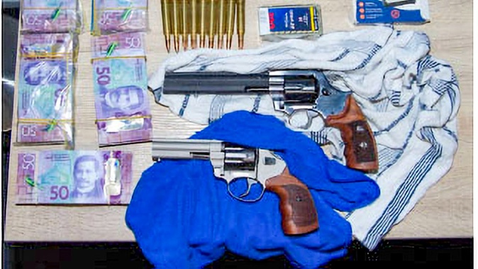 Two of the Alfa Carbine rifles cut down to pistols were found in the possession of Kishor Chandra Singh, along with cash and ammunition, during Operation Carbine in 2022. Photo / NZ Police