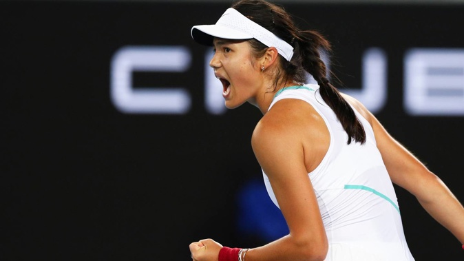Emma Raducanu of Britain reacts after winning a point against Sloane Stephens of the U.S. in their first round match at the Australian Open. (Photo / AP)