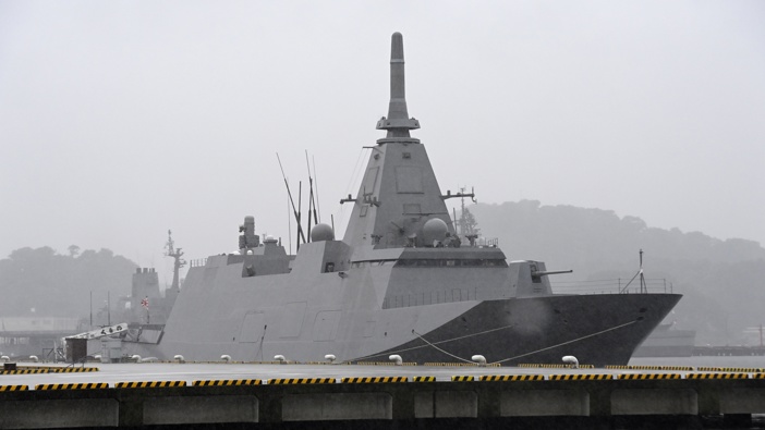 View of JMSDF JS Kumano frigat at the dock. (Photo by David Mareuil/Anadolu via Getty Images)