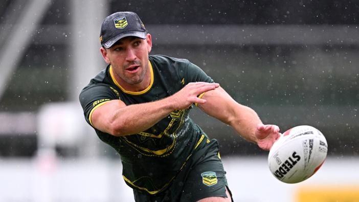 Reece Robson passes a ball during an Australian Kangaroos captain's run at Rugby Park on October 26, 2024 in Christchurch, New Zealand. (Photo by Joe Allison/Getty Images)