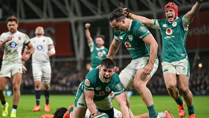 Dan Sheehan celebrates scoring as Ireland beat England 27-20 in Dublin. Photo / Getty Images