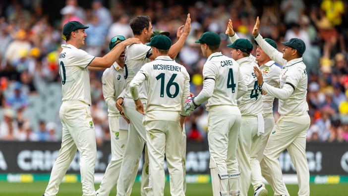 Team Australia celebrate the fall of a wicket during Day 1 of the NRMA Insurance Day-Night Test match between Australia and India at the Adelaide Oval on December 06, 2024 in Adelaide, Australia. (Photo by Santanu Banik/Speed Media/Icon Sportswire via Getty Images)