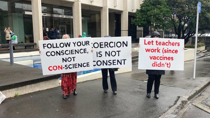 Supporters of New Zealand Teachers Speak out on Science gathered outside the Court of Appeal in Wellington today. Photo / Hazel Osborne