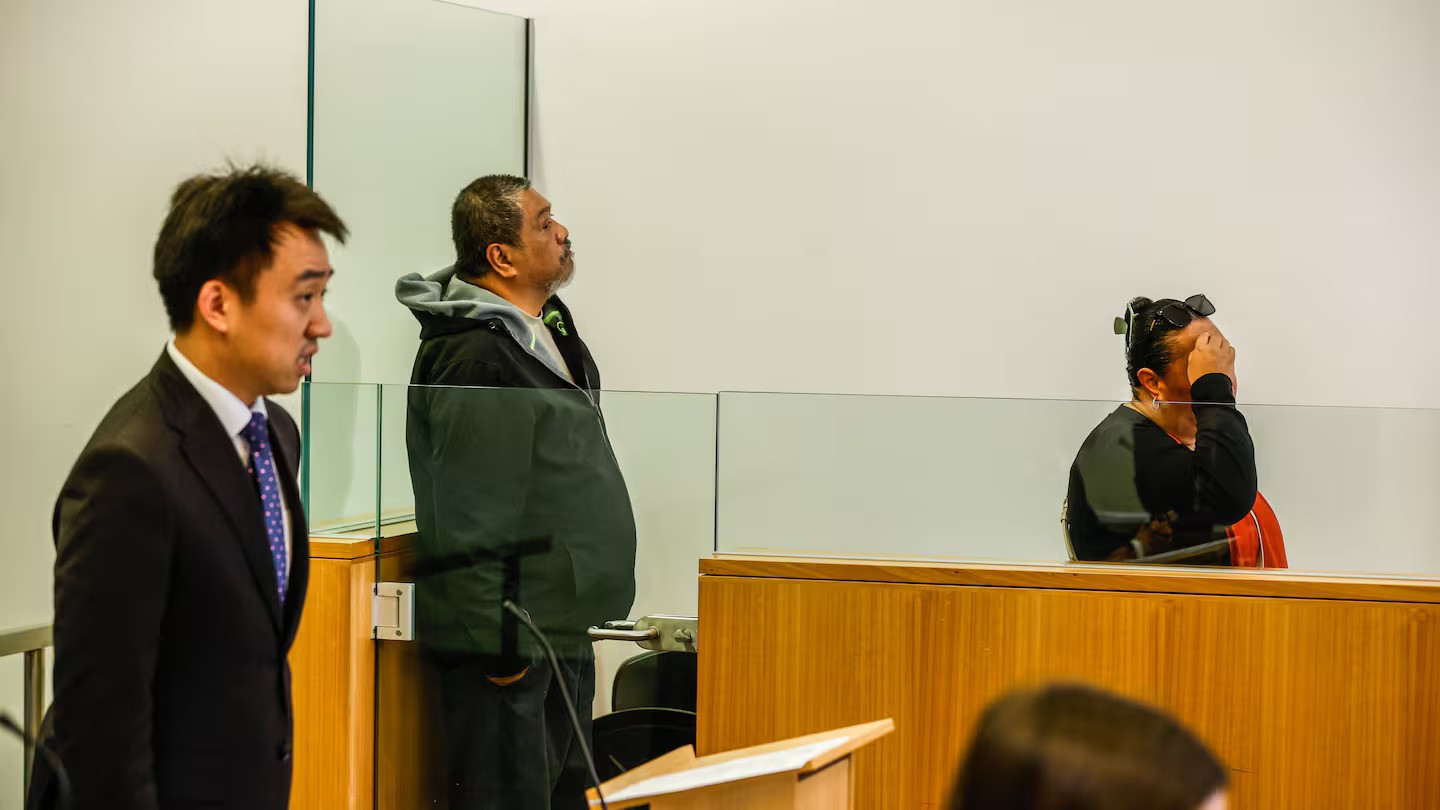 Ngatamaroa Rakauroaiti (second left) and Ongoaere Tuakeu appeared in the dock at Manukau District Court for offences against two children. Photo / Michael Craig