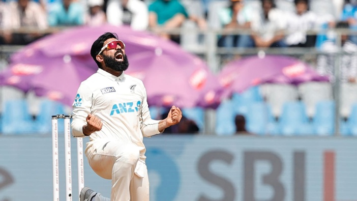 Ajaz Patel celebrates the final wicket as the Black Caps secured a 3-0 series win. Photo / Photosport