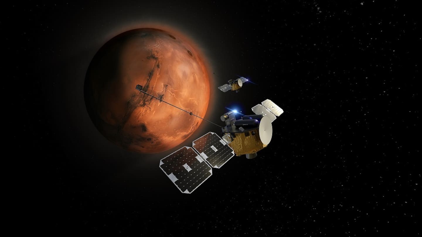 An artist render of Rocket Lab's "Blue" and "Gold" spacecraft in orbit around Mars. Image / Supplied