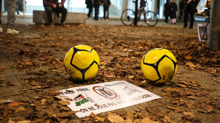 Demonstrators take part in a pro-Palestinian rally on the Place Du Front Populaire in Paris, France, on November 14, 2024, right before the football match between France and Israel at Stade de France (Photo by Islam Safwat/NurPhoto via Getty Images).
