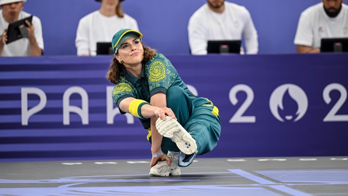 Raygun competes during the Breaking B-Girls Round Robin Group B battle between Logistx and Raygun on Day 14 of the Olympic Games Paris 2024 at La Concorde on August 9, 2024 in Paris, France. (Photo by Harry Langer/DeFodi Images via Getty Images)