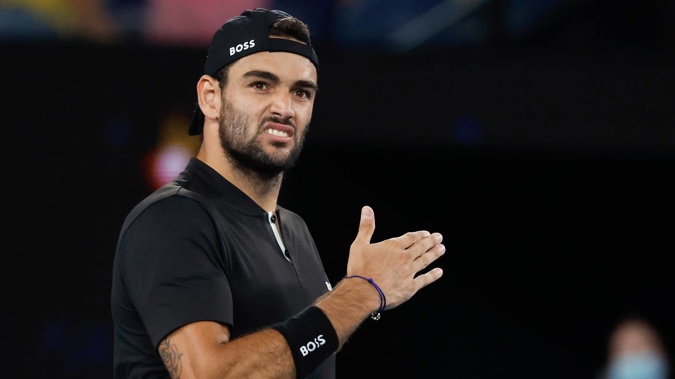 Matteo Berrettini celebrates after defeating Gael Monfils to advance to the semifinals. (Photo / AP)