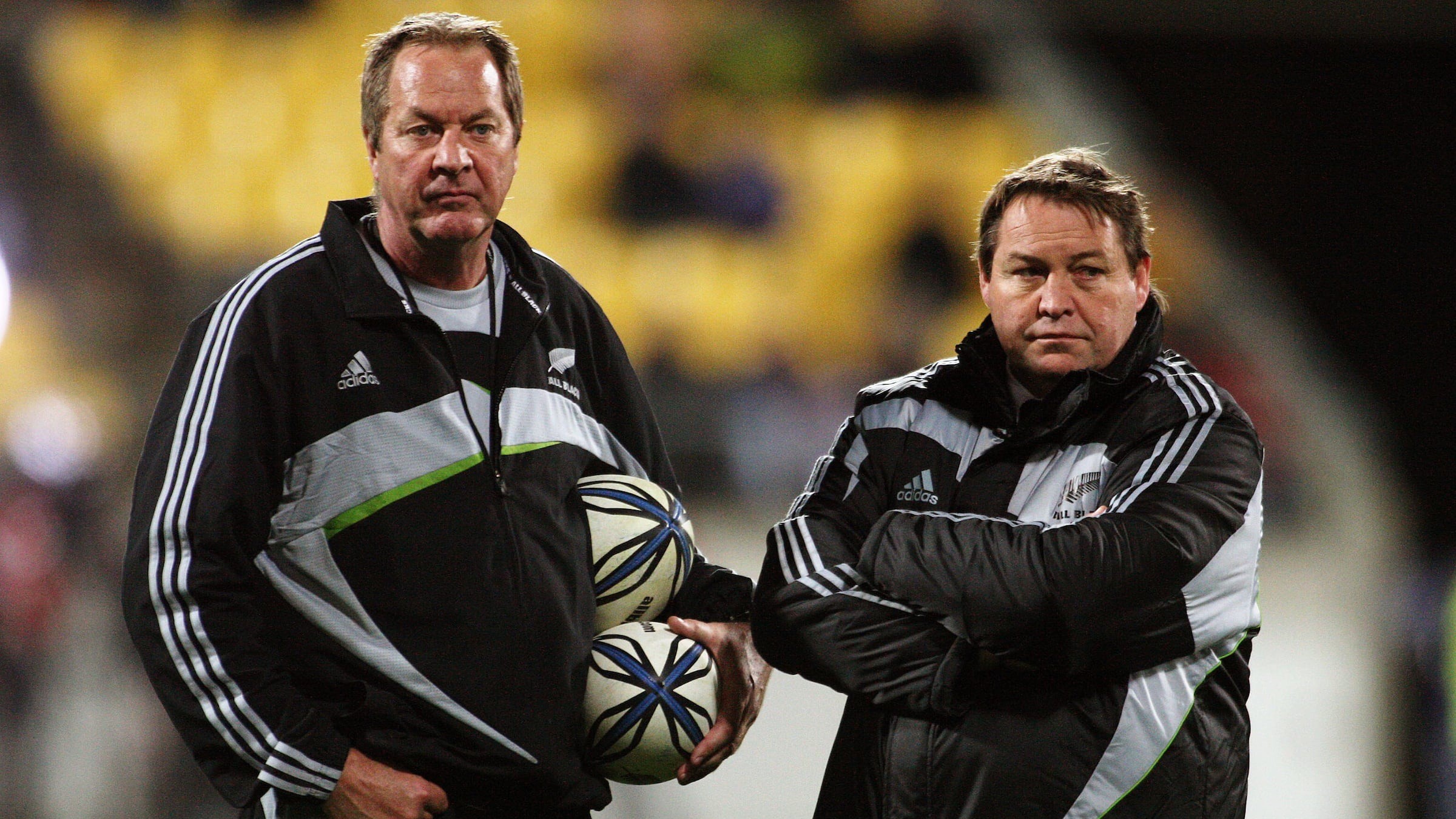 Then-All Blacks skills coach Mick Byrne and forwards coach Steve Hansen in 2009. Photo / Photosport