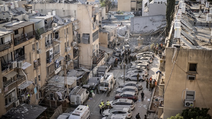 A general view of the destruction after the Iran launched ballistic missile attacks on Israel as Israeli teams conduct search and rescue operations among heavily damaged buildings in Bnei Brak, Israel on June 16, 2025. (Photo by Mostafaf Alkharouf/Anadolu via Getty Images)