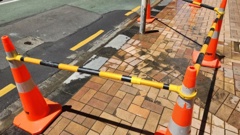A water leak bubbling up through the paving stones behind the Old Bank Arcade in Wellington's city centre in January 2024. Representatives from councils in the Wellington region will meet this week to discuss working together on a water plan. Photo: RNZ / Jemima Huston
