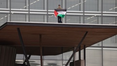 A protester waving a Palestine flag has climbed on to the roof of the Christchurch City Council building. Photo / George Heard