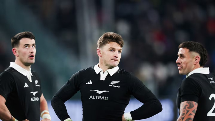 Autumn Nations Series, Allianz Stadium, Turin, Italy 23/11/2024 Italy vs New Zealand New Zealand's Will Jordan, Beauden Barrett and TJ Perenara Mandatory Credit ©INPHO/Tom Maher