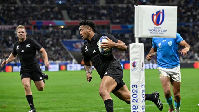 Leicester Fainga'anuku of New Zealand runs in for a try during the Rugby World Cup 2023 clash with Italy. Photo / Photosport