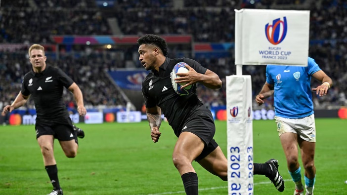 Leicester Fainga'anuku of New Zealand runs in for a try during the Rugby World Cup 2023 clash with Italy. Photo / Photosport