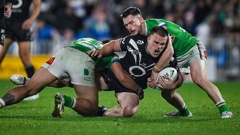 Jackson Ford is tackled by Canberra Raiders defenders. Photo / Photosport