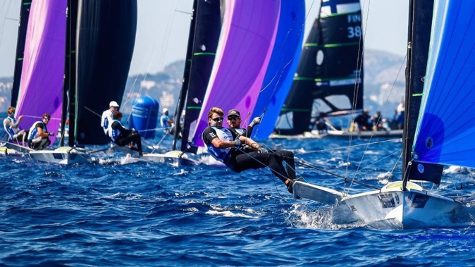 Logan Dunning Beck and Oscar Gunn compete in their 49er. Photo / Yachting NZ