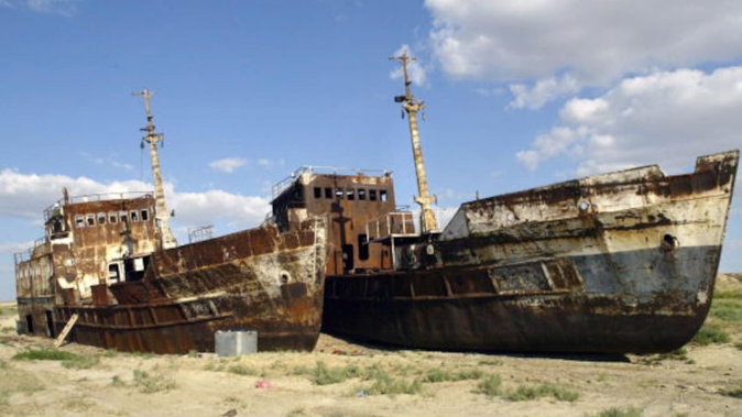 Rusty shipwrecks where the Aral Sea once was. Photo / AFP