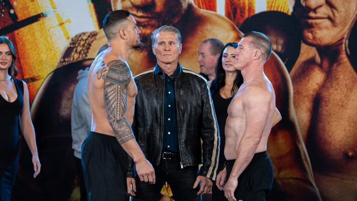 Sonny Bill Williams and Paul Gallen meet face to face at the official weigh-in for Manuka Phuel's SBW v Gallen fight in Sydney. Photo / Alyse Wright