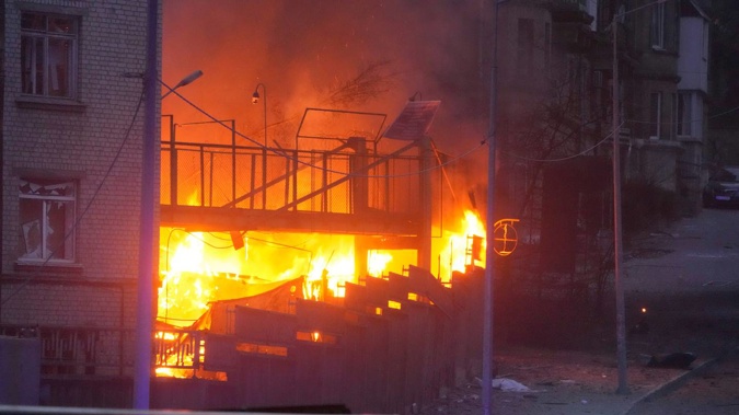 A fire after a Russian rocket attack is seen in Kyiv, Ukraine. (Photo / AP)