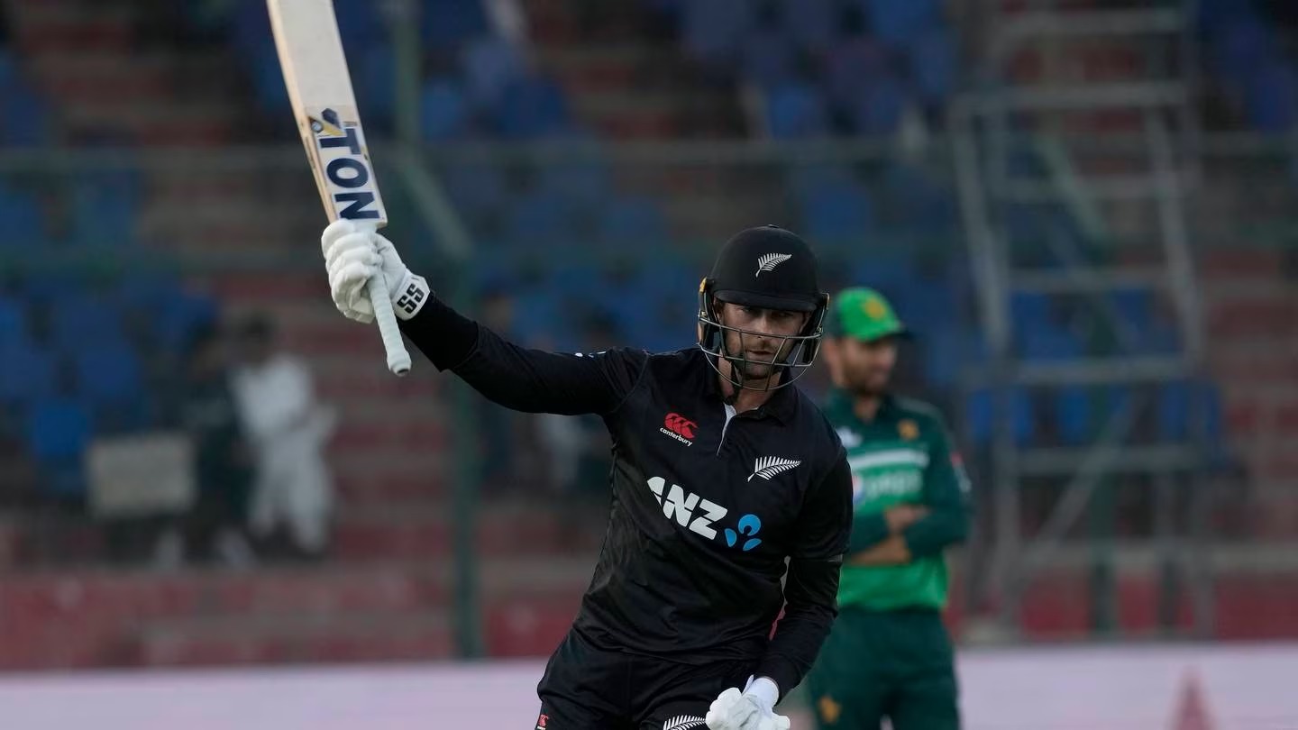 New Zealand's Devon Conway celebrates after scoring his second ODI century. Photo / AP