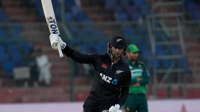 New Zealand's Devon Conway celebrates after scoring his second ODI century. Photo / AP