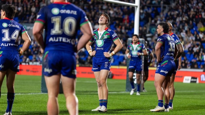 Sam Healey of the Warriors reacts to a Dolphins try at Go Media Stadium. Photo / Photosport