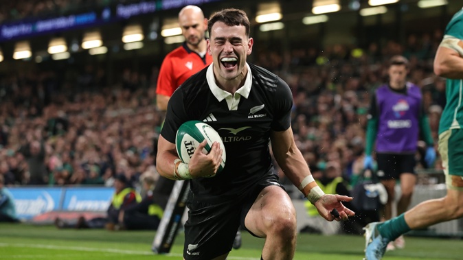 Will Jordan of New Zealand celebrates after scoring a try during the Autumn Nations Series 2025 match between Ireland and New Zealand All Blacks at Aviva Stadium on November 08, 2024 in Dublin, Ireland. (Photo by David Rogers/Getty Images)