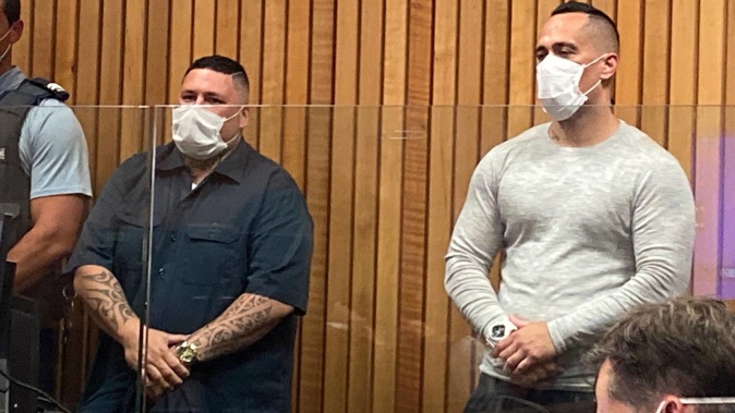 Whanganui Black Power president Damien Shane Kuru (left) and Sergeant at Arms Gordon Anthony Runga appear in the High Court at Whanganui for sentencing for the death of a rival gang member in 2018.