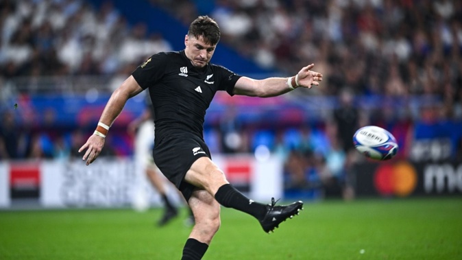 Beauden Barrett in action during the All Blacks' opening loss to France in the 2023 Rugby World Cup. Photo / Getty
